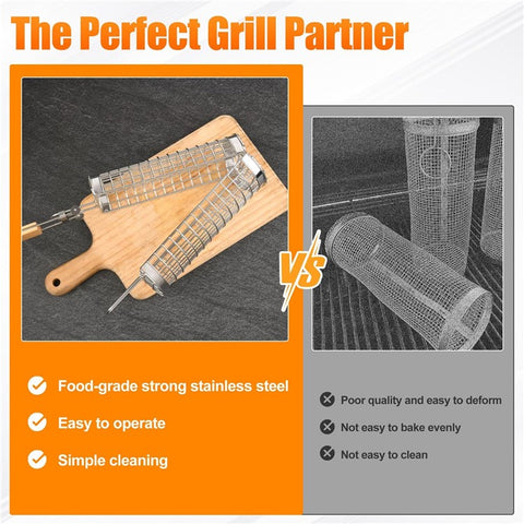 Stainless Steel Grill Basket with Wood Handle Scald Proof BBQ Rolling Grilling Basket (BPA Free, No FDA)