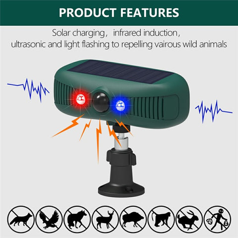 N911Y Solar Powered Alarm Infrared Motion Sensor Sound Light Warning High Frequency Ultrasonic Animal Voice Repellent