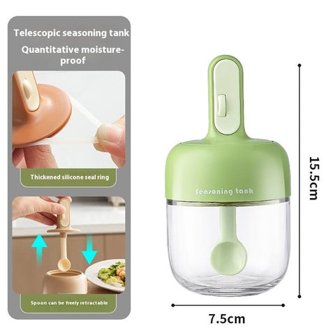 Kitchen Seasoning Container with Integrated Spoon Moisture Proof Glass Sealed Spice Jar (BPA Free, No FDA)