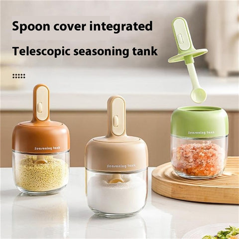 Kitchen Seasoning Container with Integrated Spoon Moisture Proof Glass Sealed Spice Jar (BPA Free, No FDA)