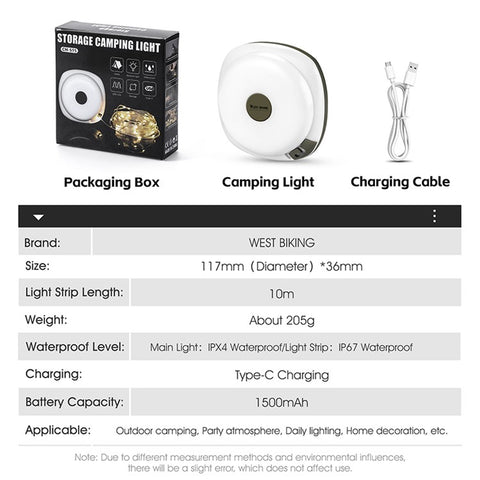 WEST BIKING YP0701425 Camping LED Tent Light Outdoor Campsite Atmosphere Canopy Light