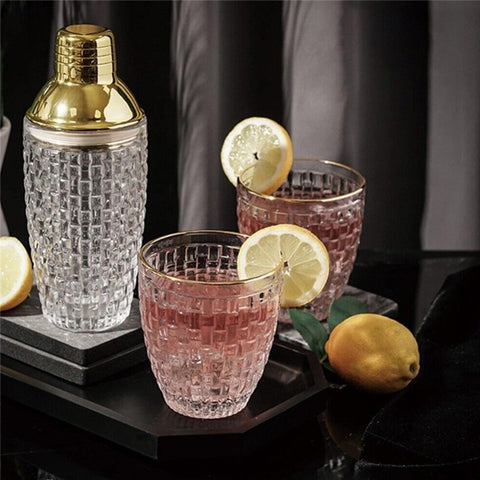 385ml Cocktail Shaker Woven Texture Glass+Stainless Steel Lid Cocktail Shaker Cup (BPA Free, No FDA Certification)