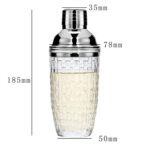 385ml Cocktail Shaker Woven Texture Glass+Stainless Steel Lid Cocktail Shaker Cup (BPA Free, No FDA Certification)