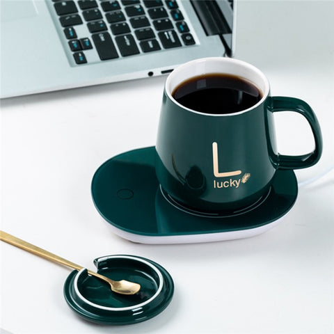 Smart Ceramic Coffee Mug Gift Set 55-Degree Constant Temperature Heating Coaster Warmer Milk Heater, USB Plug-in