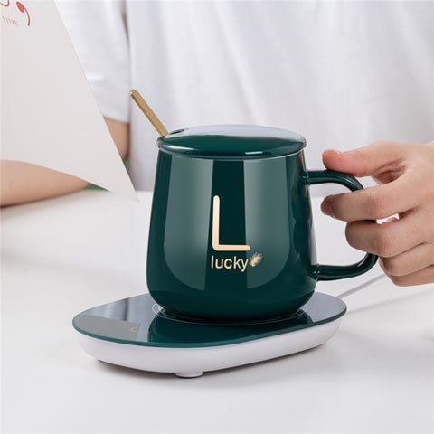 Smart Ceramic Coffee Mug Gift Set 55-Degree Constant Temperature Heating Coaster Warmer Milk Heater, USB Plug-in