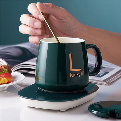 Smart Ceramic Coffee Mug Gift Set 55-Degree Constant Temperature Heating Coaster Warmer Milk Heater, USB Plug-in