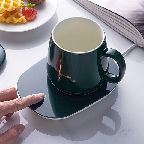 Smart Ceramic Coffee Mug Gift Set 55-Degree Constant Temperature Heating Coaster Warmer Milk Heater, USB Plug-in