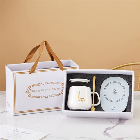 Smart Ceramic Coffee Mug Gift Set 55-Degree Constant Temperature Heating Coaster Warmer Milk Heater, USB Plug-in