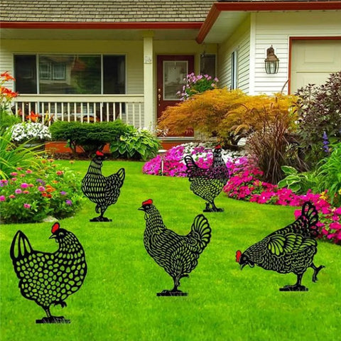 5Pcs / Set Garden Hen Chicken Yard Art Lawn Floor Decoration Animal Silhouette Garden Stakes