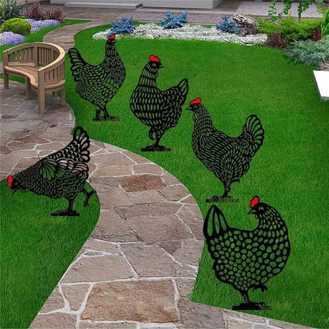 5Pcs / Set Garden Hen Chicken Yard Art Lawn Floor Decoration Animal Silhouette Garden Stakes