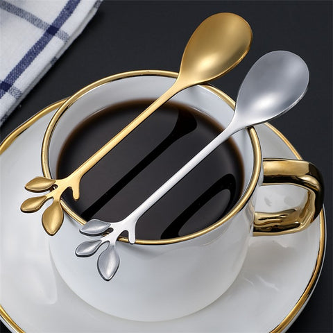 6PCS / Set Stainless Steel Gold Leaf Coffee Spoon 16.4cm Ice-Cream Tea Stirring Spoons for Tea, Coffee