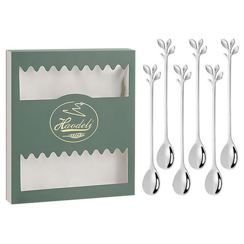 6PCS / Set Stainless Steel Leaf Shape Silver Dessert Spoons for Coffee Ice Cream Cake Teaspoon Set