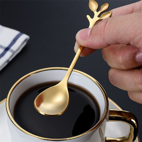 4PCS / Set 12.2 cm Stainless Steel Leaf Coffee Spoons Tableware Stirring Mixing Spoons for Ice Tea, Coffee, Dessert