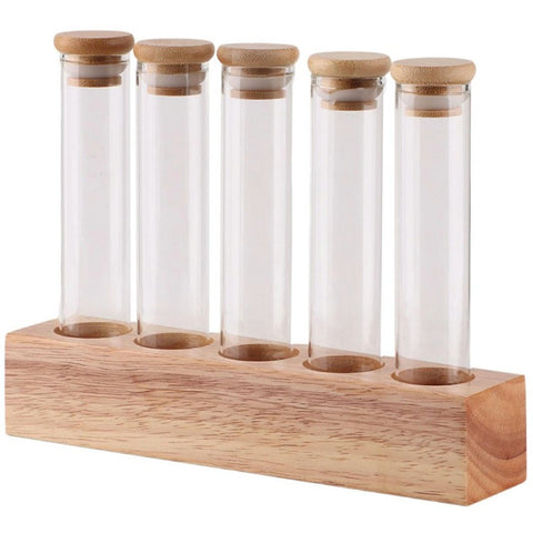 Wooden Base Coffee Bean Display Stand with 5 Clear Glass Tubes for Cafe Bar Counter Storage