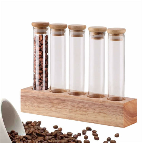Wooden Base Coffee Bean Display Stand with 5 Clear Glass Tubes for Cafe Bar Counter Storage