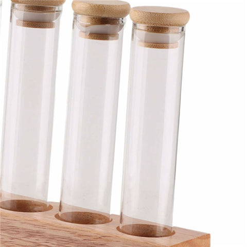 Wooden Base Coffee Bean Display Stand with 5 Clear Glass Tubes for Cafe Bar Counter Storage
