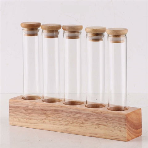 Wooden Base Coffee Bean Display Stand with 5 Clear Glass Tubes for Cafe Bar Counter Storage