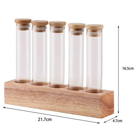 Wooden Base Coffee Bean Display Stand with 5 Clear Glass Tubes for Cafe Bar Counter Storage