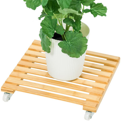 GLTPNZHJ-02 30x30cm Square Flower Pot Holder Tray with Wheels Bamboo Roller Base, Size L