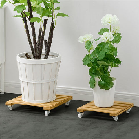 GLTPNZHJ-02 30x30cm Square Flower Pot Holder Tray with Wheels Bamboo Roller Base, Size L