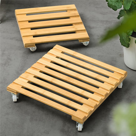 GLTPNZHJ-01 25x25cm Square Flower Pot Holder Tray with Wheels Bamboo Roller Base, Size S