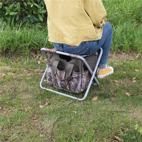 Outdoor Gardening Folding Stool with Detachable Oxford Cloth Tool Bag, 12.9x10.6x13.7 Inch