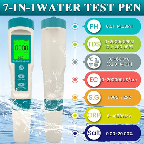 7 in 1PH Meter Water Quality Tester PH / TDS / EC / ORP / S.G / Water Salinity / Temp Pen Tester