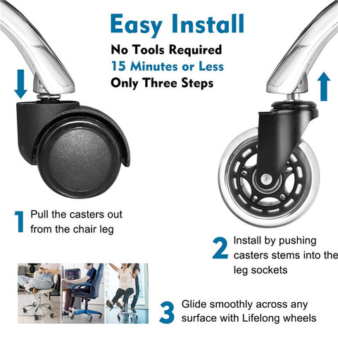 2.5 Inch Office Chair Caster Wheels Clear PU Safe Silent Roller Wheels Replacement for All Floors
