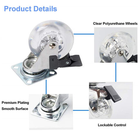 4Pcs 2-inch Crystal Clear Caster Universal Replacement Furniture Wheels with Brake