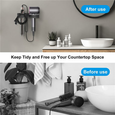 Hair Dryer Holder Wall Mount No Drill Bathroom Organizer for Hairdryer / Straightener / Curling Iron Storage Rack