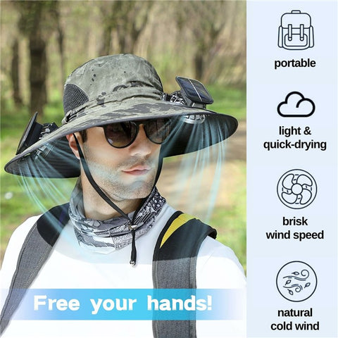 Detachable Solar Powered Fan Hat Wide Brim Summer Outdoor Sun Protection Cap for Men Hiking Fishing