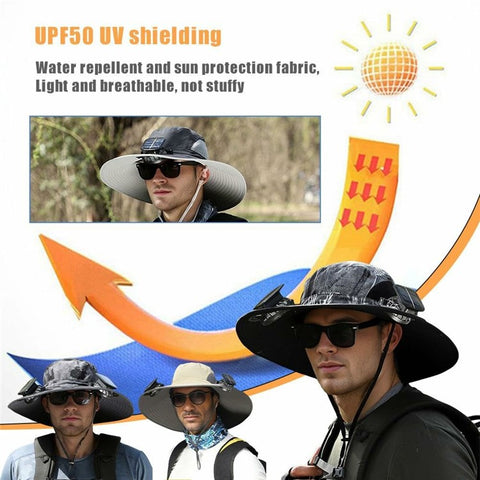Detachable Solar Powered Fan Hat Wide Brim Summer Outdoor Sun Protection Cap for Men Hiking Fishing