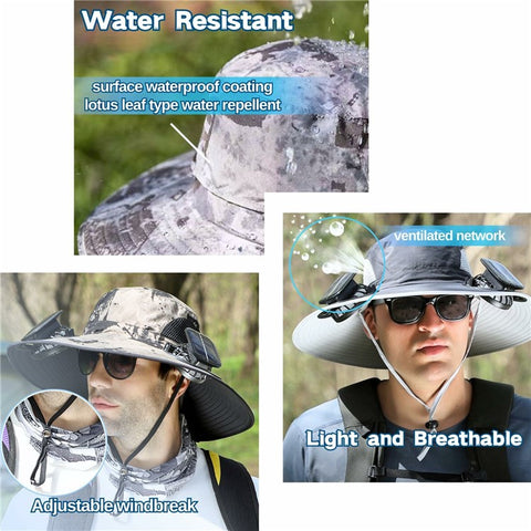 Detachable Solar Powered Fan Hat Wide Brim Summer Outdoor Sun Protection Cap for Men Hiking Fishing