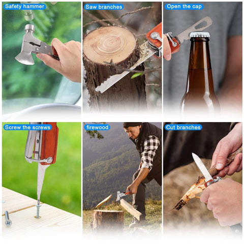 16 in 1 Multifunctional Stainless Steel Axe Hammer Outdoor Emergency Safety Tool Saw Blade