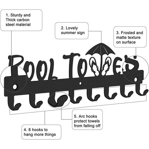 Wall Mounted Towel Rack 8 Hooks Hanger for Bathroom Pool Shower Clothes Key Holder Storage Organizer