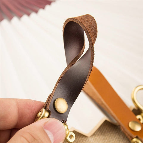 Top-layer Cowhide Leather Key Chain Brass Car Home Key Ring Strap Holder Loop