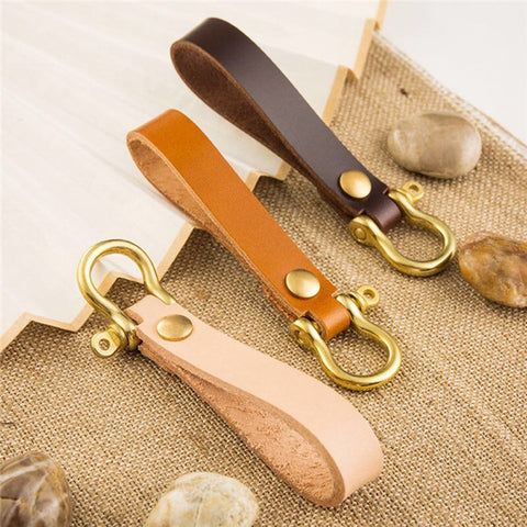 Top-layer Cowhide Leather Key Chain Brass Car Home Key Ring Strap Holder Loop