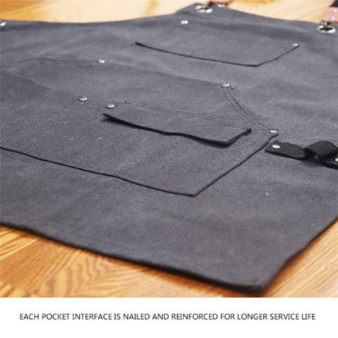D001 Multi-pockets Apron Waterproof Canvas Apron for Heavy Duty Woodworking Gardening, Brown Leather Strap