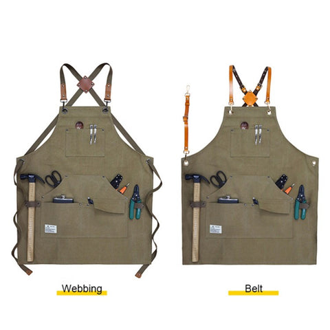 D001 Multi-pockets Apron Waterproof Canvas Apron for Heavy Duty Woodworking Gardening, Brown Leather Strap