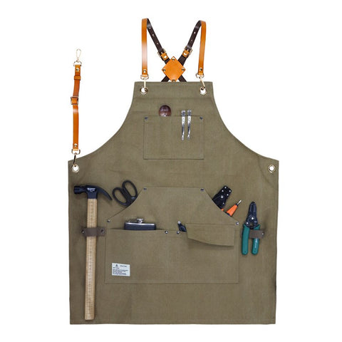 D001 Multi-pockets Apron Waterproof Canvas Apron for Heavy Duty Woodworking Gardening, Brown Leather Strap