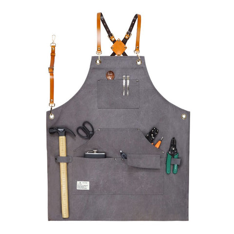 D001 Multi-pockets Apron Waterproof Canvas Apron for Heavy Duty Woodworking Gardening, Brown Leather Strap