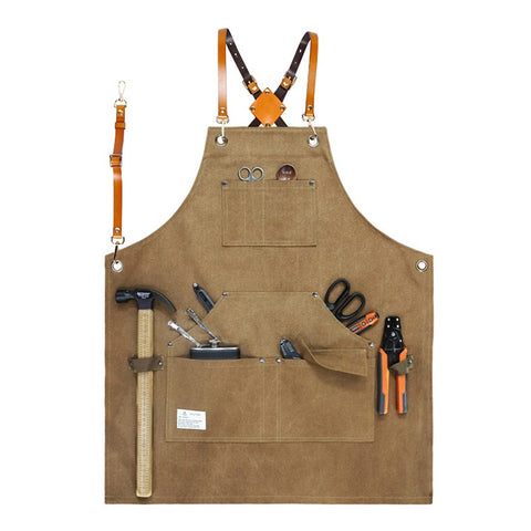 D001 Multi-pockets Apron Waterproof Canvas Apron for Heavy Duty Woodworking Gardening, Brown Leather Strap