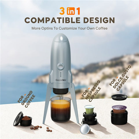 3 in 1 Capsule Espresso Machine Portable Coffee Maker Rocket Shaped Wireless Heated