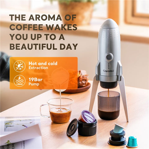 3 in 1 Capsule Espresso Machine Portable Coffee Maker Rocket Shaped Wireless Heated