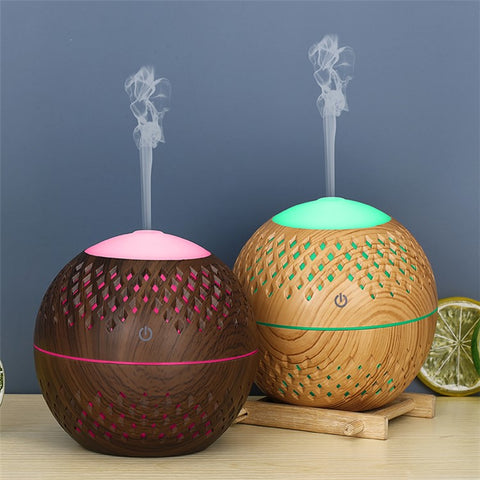 200ml Full Hollow Wood Grain Air Humidifier for Home, Office Silent Fog Sprayer with Colorful Light (No CE)