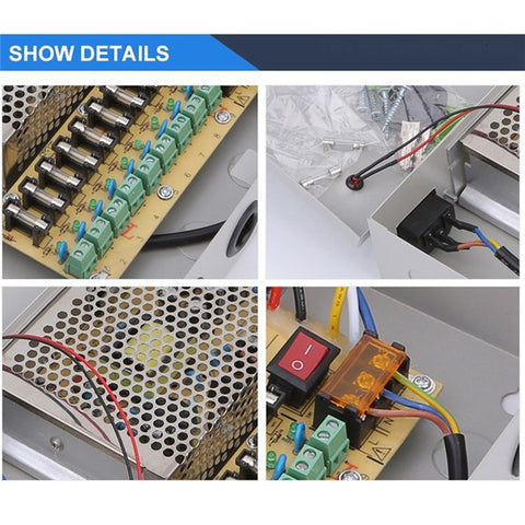 SOMPOM 9 Channel 12V 5A DC Metal Boxed Cabinet Power Supply Unit for Security Camera System DVRs IP Cameras CCTV Cameras