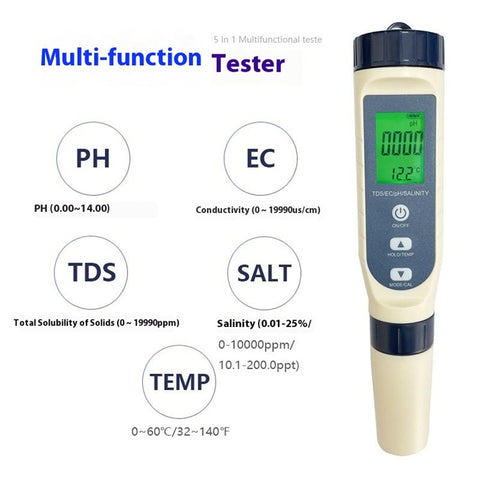 5-in-1 Multifunction Water Quality Test Pen EC / Ph / TDS / Temperature / Salinity Test Tool