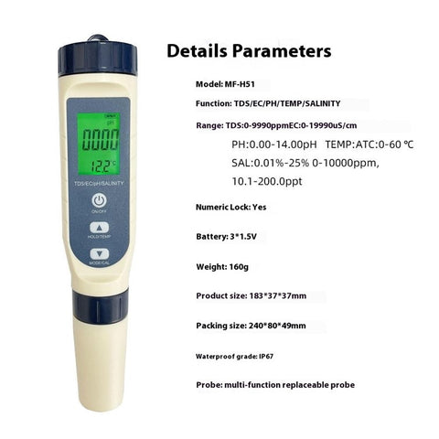5-in-1 Multifunction Water Quality Test Pen EC / Ph / TDS / Temperature / Salinity Test Tool