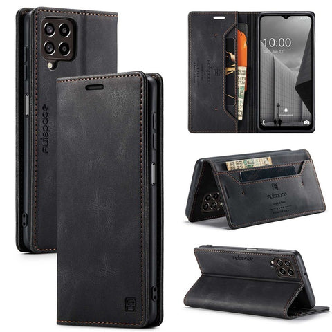 AUTSPACE A01 Series For Samsung Galaxy M53 5G RFID Blocking Matte PU Leather Phone Case Wallet Stand Flip Cover