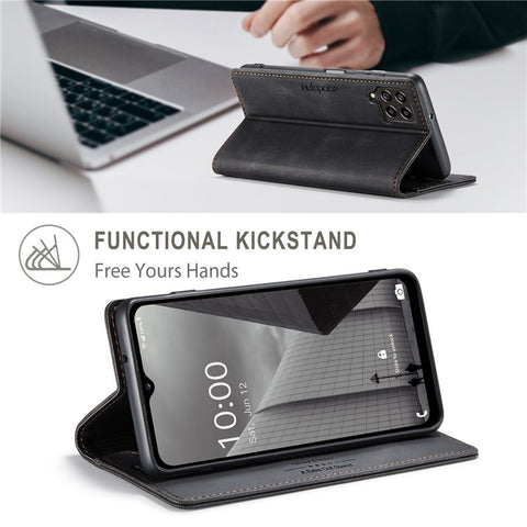 AUTSPACE A01 Series For Samsung Galaxy M53 5G RFID Blocking Matte PU Leather Phone Case Wallet Stand Flip Cover